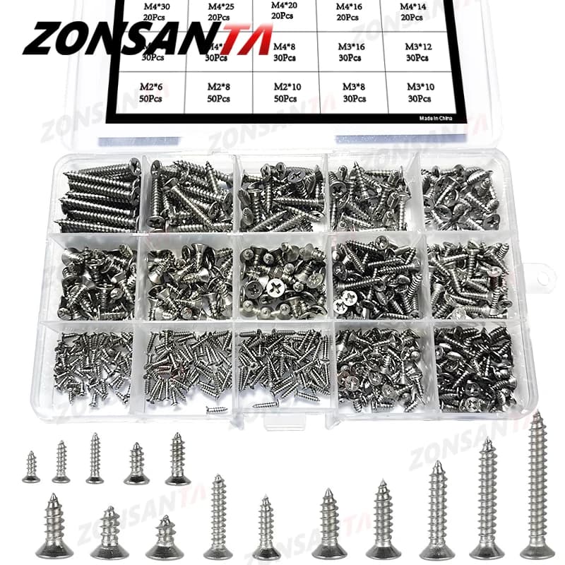 Vis autotaraudeuses ZONSANTA M2 M3 M4 à tête fraisée cruciforme, jeu de vis à bois en acier inoxydable 304, vis à tête plate Phillips pour bricolage