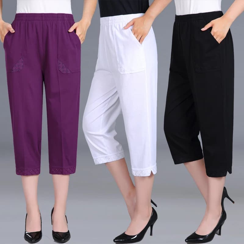 Pantalons Capri pour Femmes Été 2026, Femmes Grande Taille 4XL, Pantalons Décontractés à Taille Élastique, Pantalons Mi-longs pour Femmes, Vêtements en Coton Pur