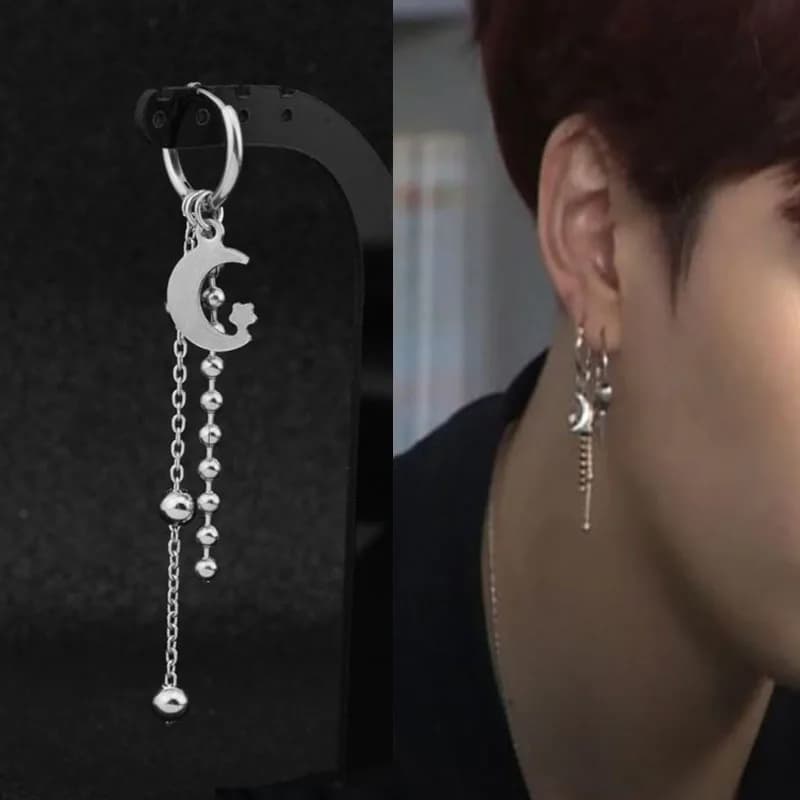 KPOP coréen en acier inoxydable boucles d'oreilles femmes hommes lune plume chaîne croix géométrique Punk boucles d'oreilles Hip Hop bijoux unisexe