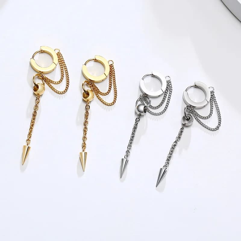 Boucle d'oreille en forme de cône triangulaire pour hommes, longue chaîne, Double chaîne connectée en acier inoxydable, Huggie hoop, bijoux pour hommes