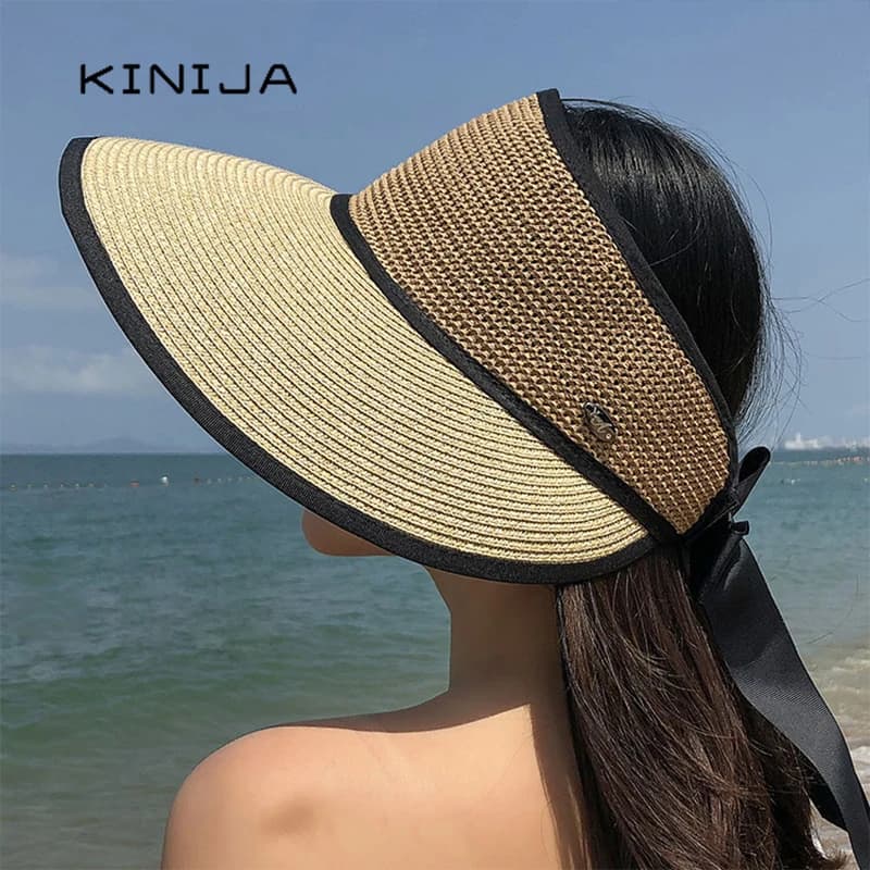 Chapeau de paille d'été pour femme, style Fedora, avec nœud, à large bord, pour la plage, protection solaire, à calotte ouverte