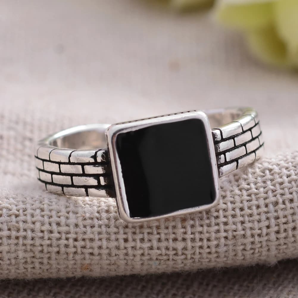 Nouveauté mode carré noir résine Thai argent dames anneau ouvert Promotion femmes cadeau d'anniversaire pas de décoloration