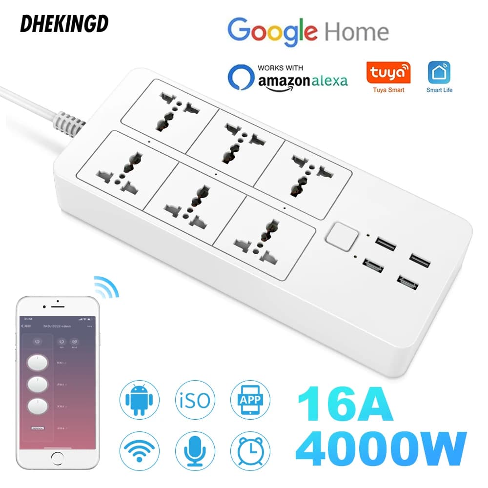 Multiprise intelligente Wi-Fi universelle avec contrôle vocal Alexa Google Home Bluetooth, 6 prises CA, 4 ports USB, compatible UK/EU/US/AU