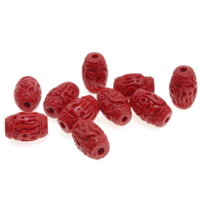 10/20 pièces, perles en forme de baril en cinabre rouge naturel sculpté, perles d’espacement à utiliser pour la fabrication de bracelets et de boucles d’oreilles faits à la main, idéales pour la