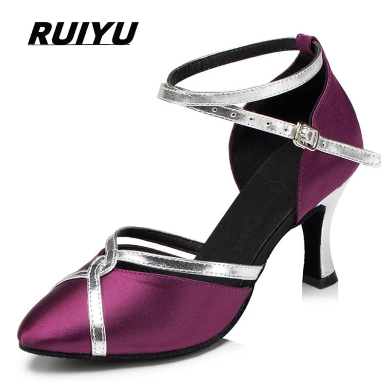 Chaussures de danse latine à talons hauts pour femmes, baskets confortables d'extérieur, chaussures de tango, chaussures de salsa, chaussures de soirée de salon, noir et violet