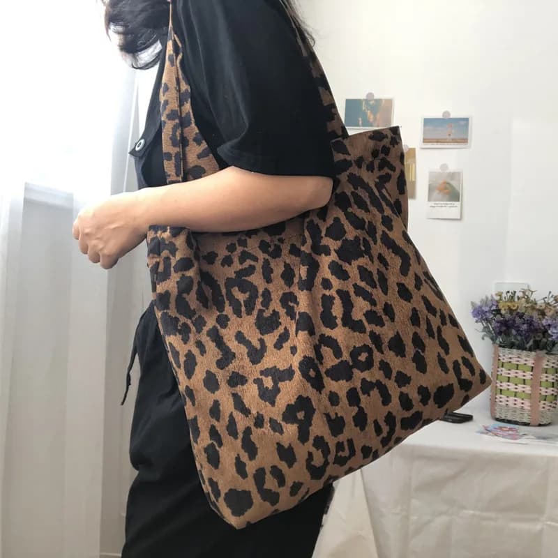 Sacs de Shopping rétro en velours côtelé pour femmes, grands sacs à bandoulière Vintage pour dames, fourre-tout décontracté en coton fin, motif léopard, sacs à main pour filles, sac gilet