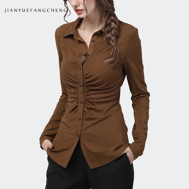 Chemise extensible à manches longues et col polo pour femmes, tunique mince, chemisiers élégants, haut de travail, polyvalent, à la mode, printemps, été