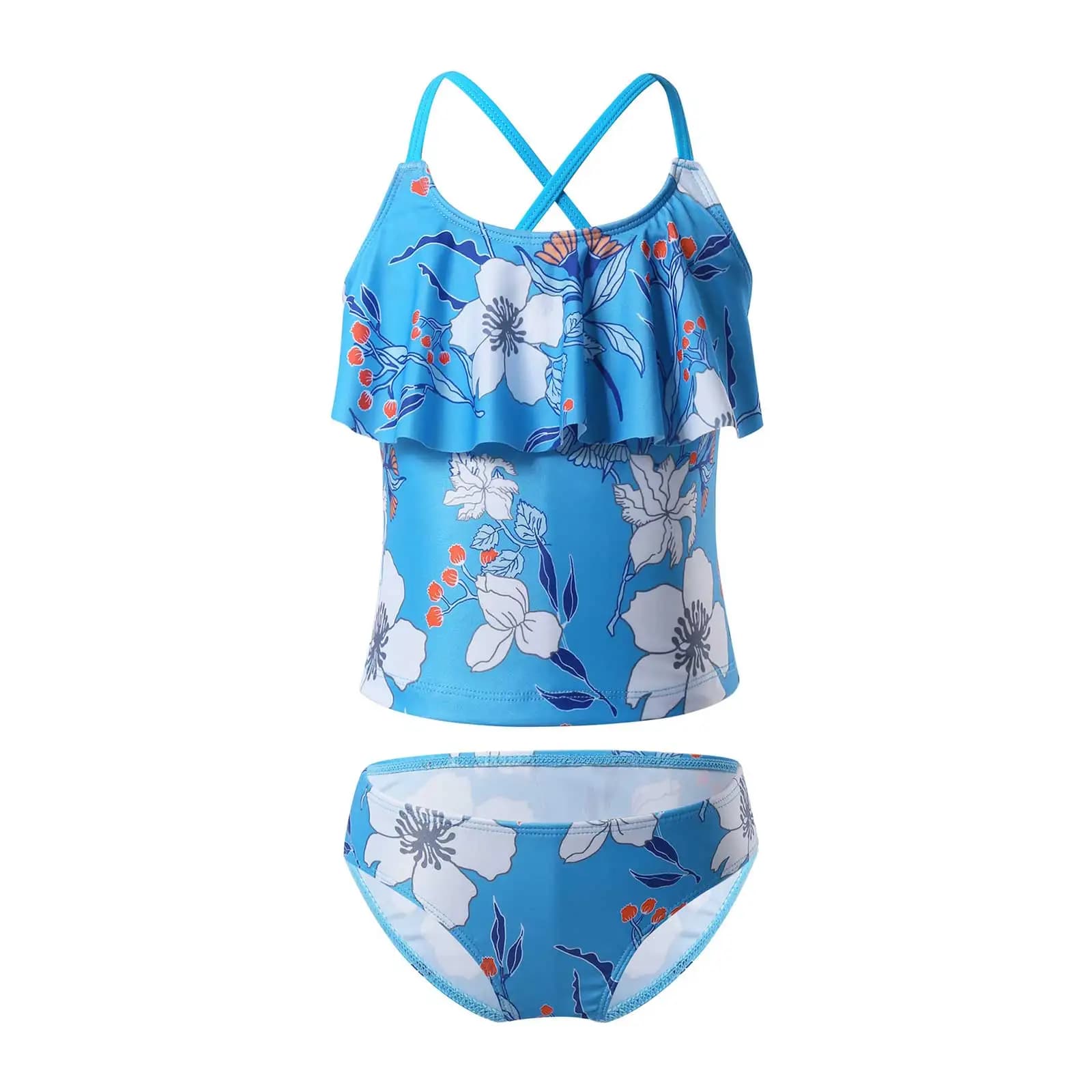 Maillot de bain pour enfants, col à volants, motif Floral, Tankini, ensemble haut avec bas, costume de plage