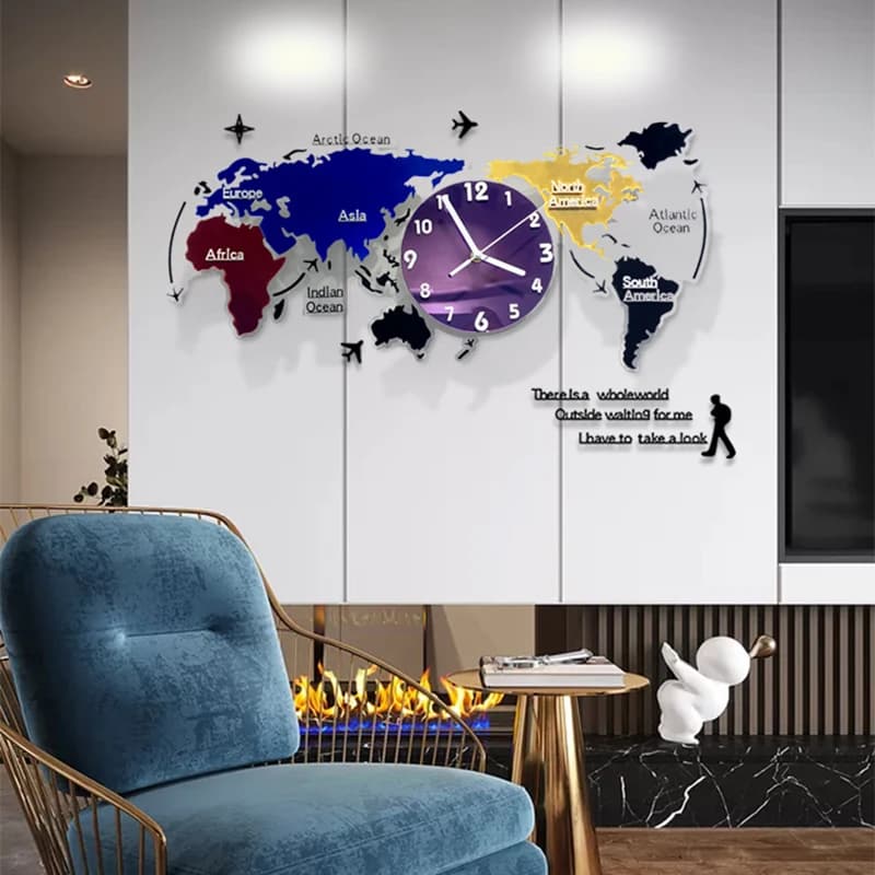 Grande horloge murale décorative sans cadre, carte du monde, horloge murale avec mouvement silencieux, décoration de bricolage moderne pour la maison, autocollant