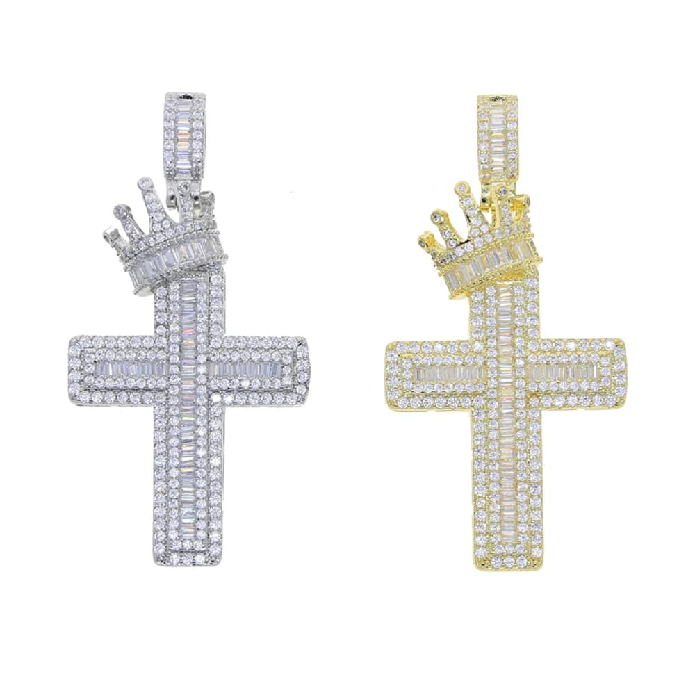 Nouveau Collier Pendentif Croix Couronne Hip Hop Rock avec Pierres CZ Pavées Bling Iced Out pour Hommes Bijoux Rapper Punk