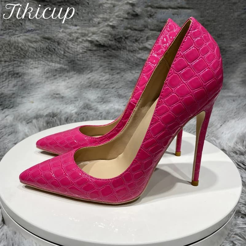 Tikicup-Escarpins à Talons Aiguilles pour Femme, Rose, Effet Crocodile, Jolie tu, Parker, Slip On, 8 cm, 10 cm, 12cm, Robe de Soirée, Dames, Chaussures