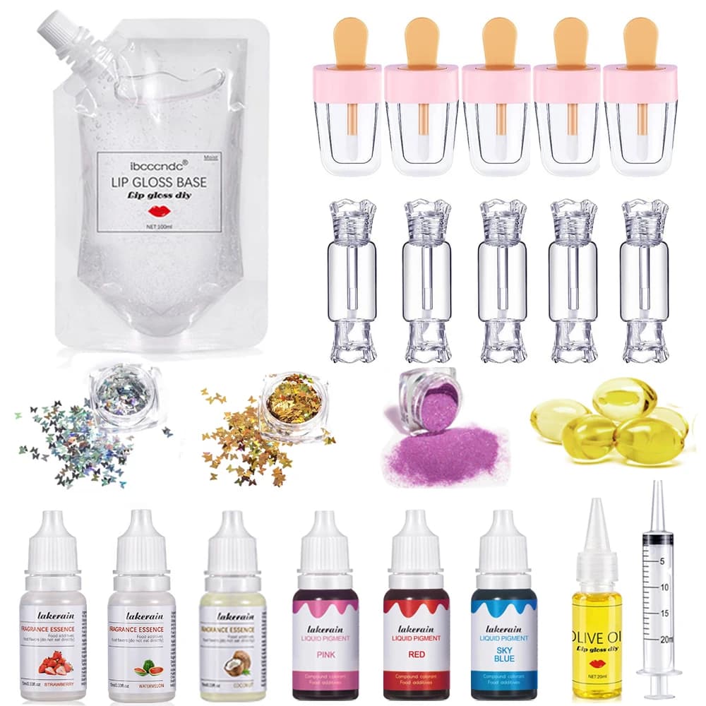 Kit de brillant à lèvres transparent, Gel de Base hydratant, 100ml, avec Tubes de brillant à lèvres, poudre pigmentée, saveur scintillante, huiles essentielles, DIY