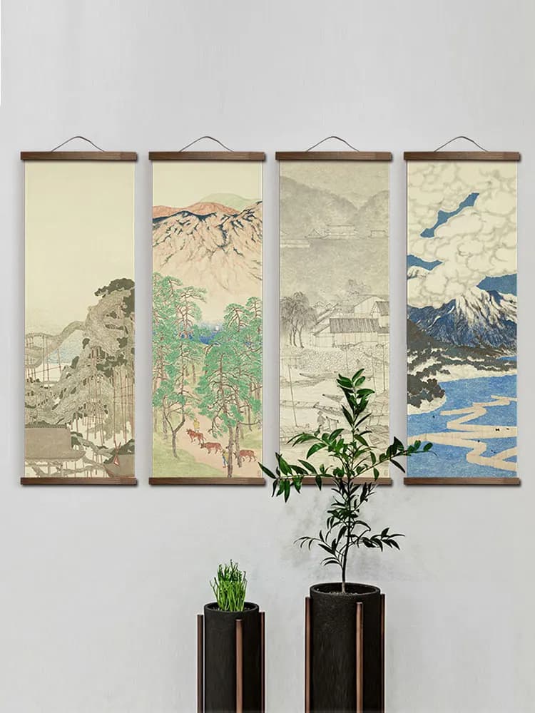 Toile d'Alpine de Paysage d'Encre de Style Japonais, Affiches d'Art Mural de Chambre à Coucher et de Salon, Défilement en Bois Massif Chinois, Customisation