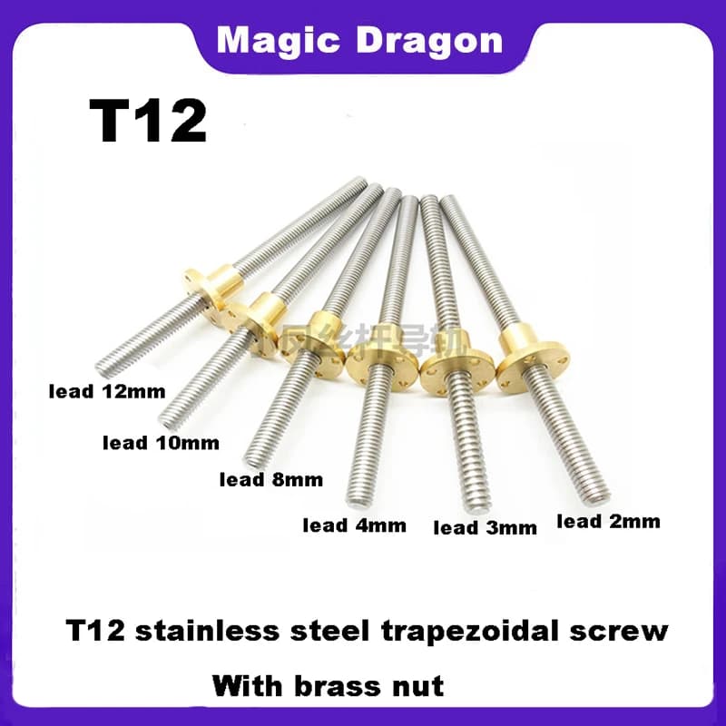 Vis sans fin en acier inoxydable 304 T12, diamètre 12 mm, pas 2 mm, 4 mm, 8 mm, 10 mm, 12 mm, 14 mm, longueur 100-1000 mm, avec écrou en laiton pour CNC 3D