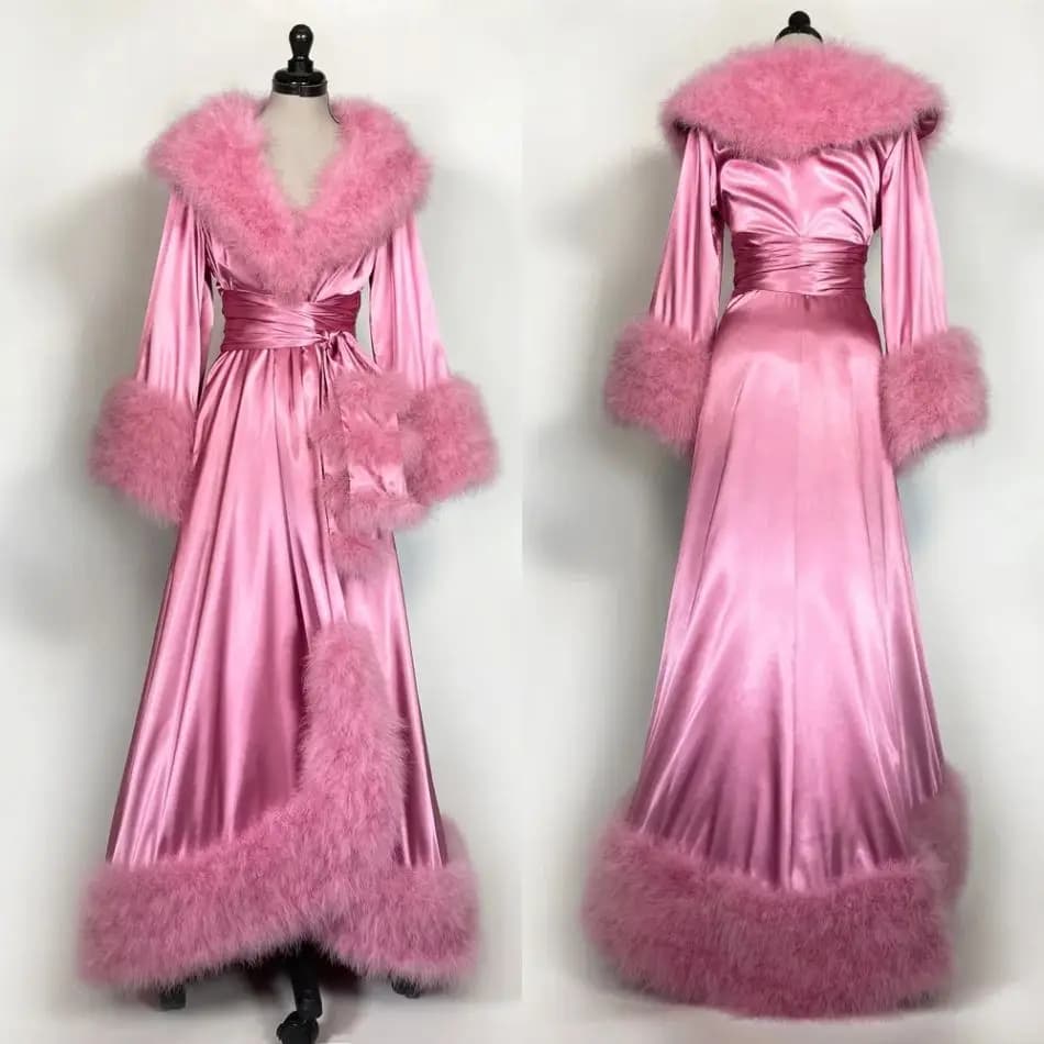 Peignoir de bain en soie rose pour femmes, robes de soirée, plumes élastiques, pyjamas, vêtements de nuit, Lingerie, robes d'occasion pour femmes