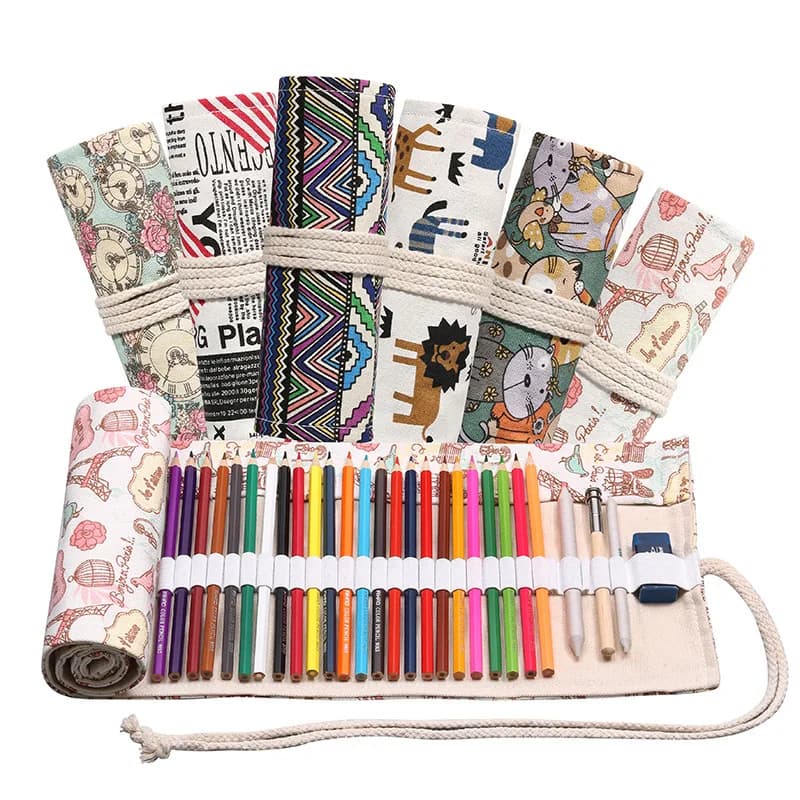 Trousse à crayons en tissu coloré 12/24/36/48/72 trous, sac de rangement pour crayons cosmétiques, papeterie esthétique Antique, boîte de papeterie 050045