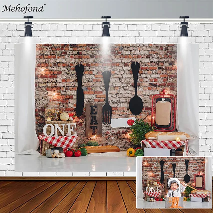 Arrière-plan de fête de 1er anniversaire, décor de fête prénatale, ingrédients du Chef, mur de briques rouges, pour photographie, Studio Photo