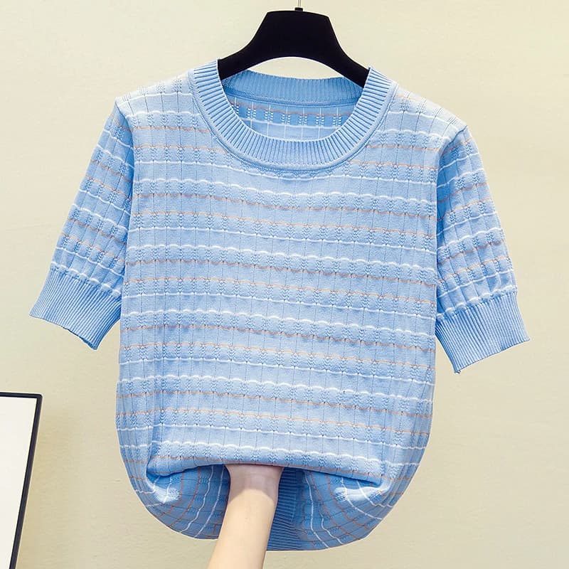 Grande taille femmes rayure kint été pull ample décontracté à manches courtes col rond kint femme pull surdimensionné pull haut 2025