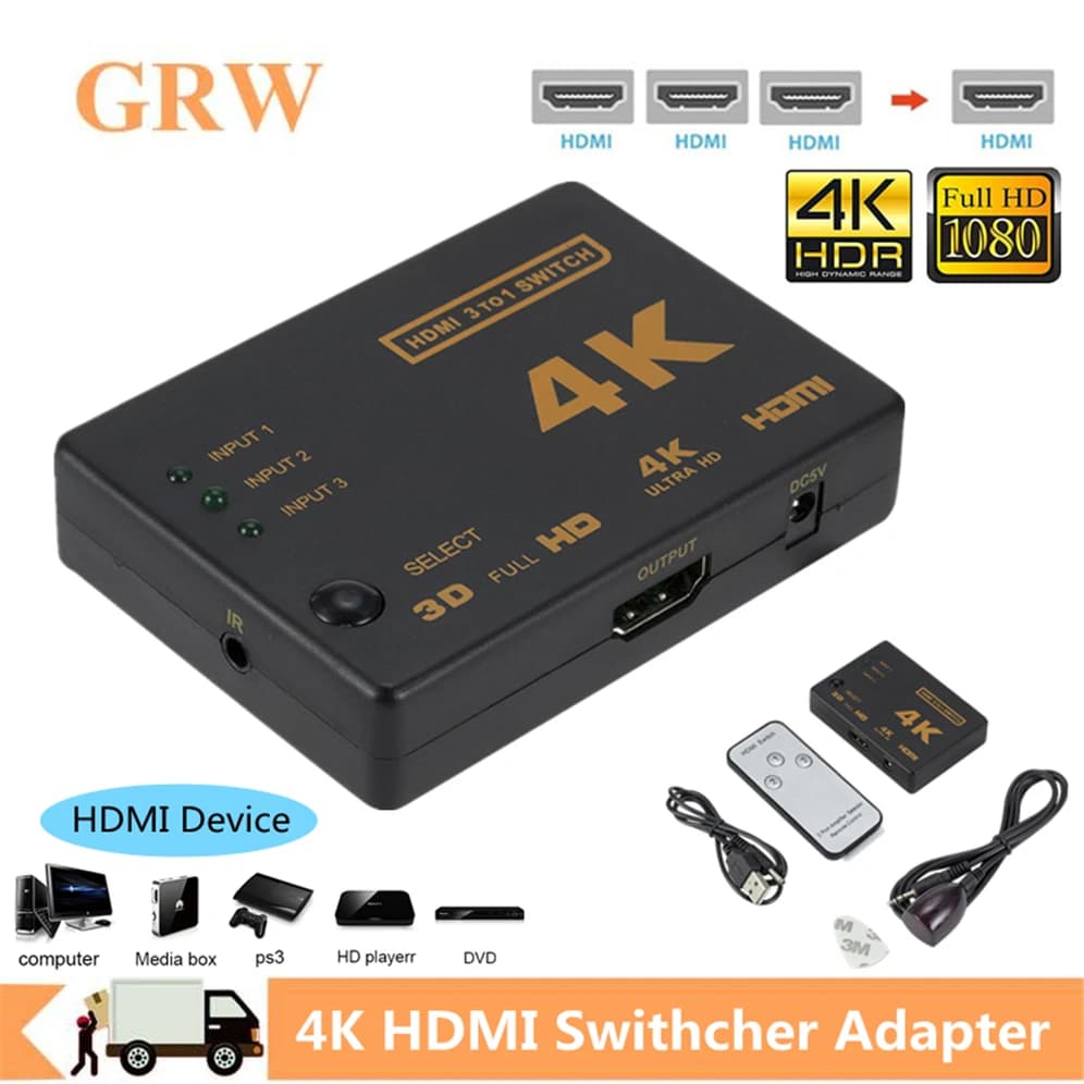 Grwibeou 4K 2K 3x1 répartiteur de câble HDMI HD 1080P adaptateur de commutation vidéo 3 entrées 1 Port de sortie Hub HDMI pour Xbox PS4 DVD HDTV PC