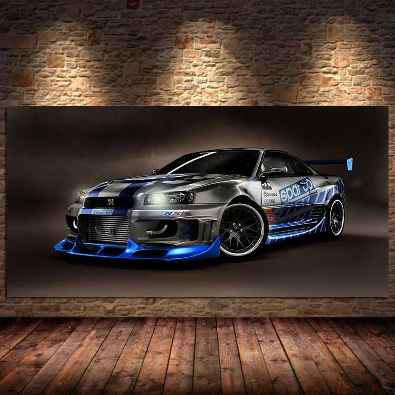 Skyline ightR R34 dehors Car Tuning Oeuvre Peinture sur Toile en Tissu, Affiche Imprimée, Art Mural, Salon, Chambre, Sans Cadre