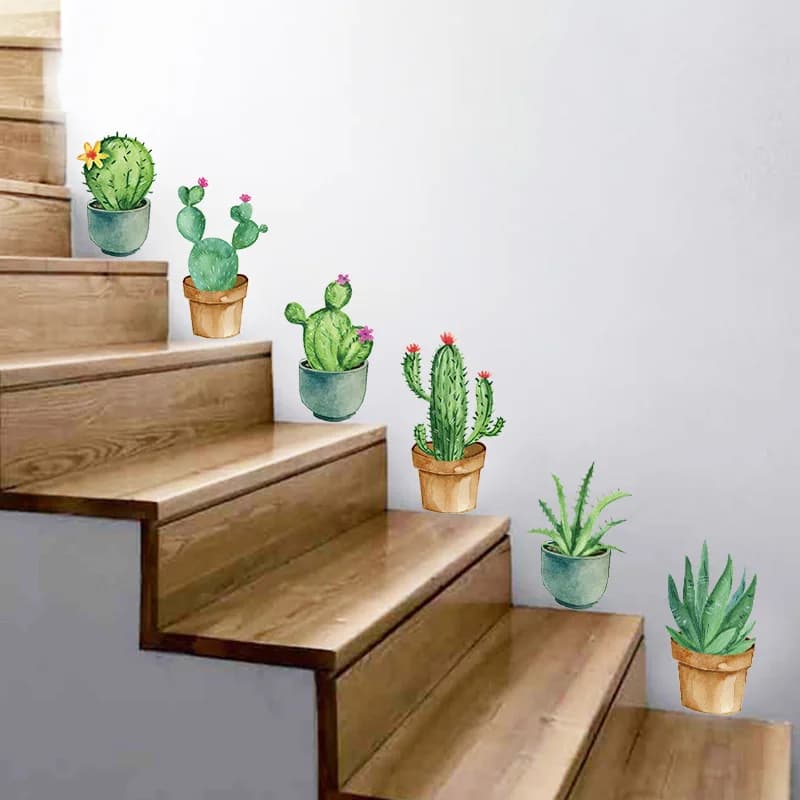 Ensemble de pots de fleurs en Pot, plante de jardin vert, Cactus, stickers muraux 3D pour bricolage, autocollant Mural pour famille, Art Mural, décor pour escaliers de salle de bain