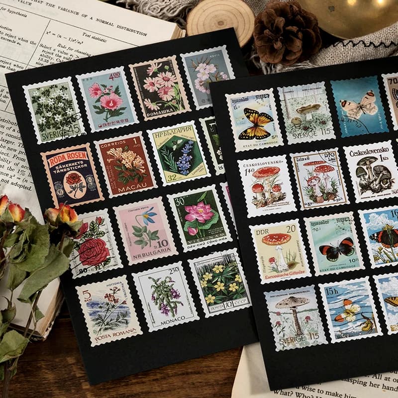 Yoofun 46 pièces/paquet autocollants Vintage timbre-poste autocollant rétro musée fleur plantes château étiquette pour Scrapbooking Journal bricolage