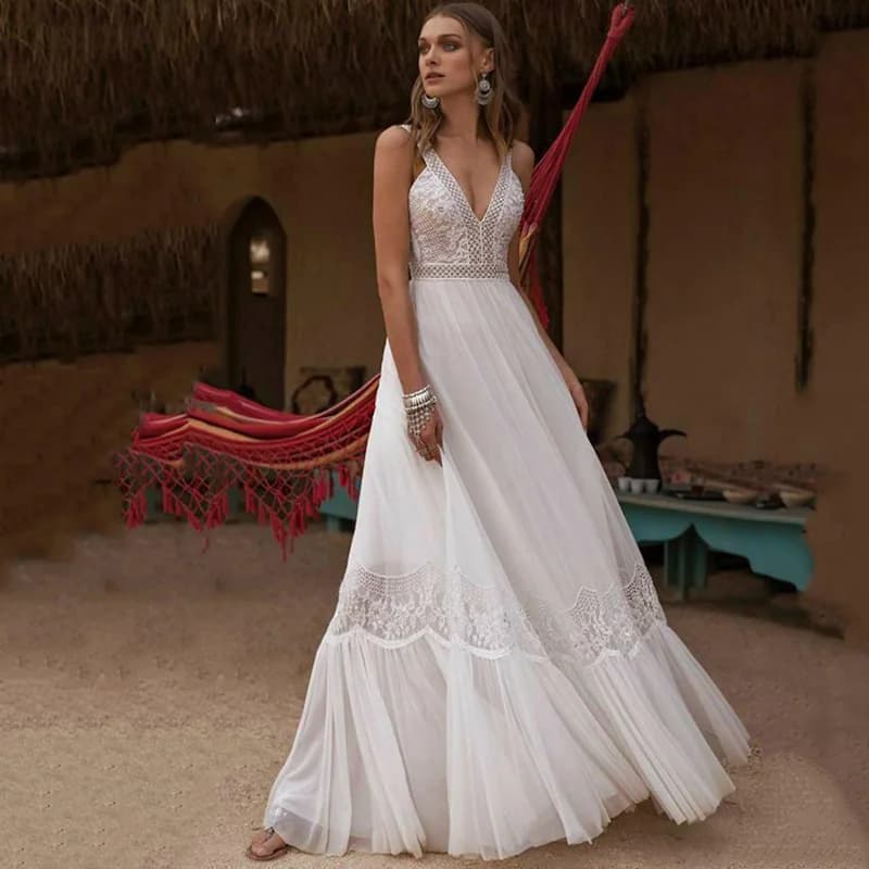 Robe de Mariée en Dentelle Style Boho, Tenue de Cérémonie en Fibre de V, Dos aux, Book ine Longueur, en Solde, Nouvelle Collection Été 2022