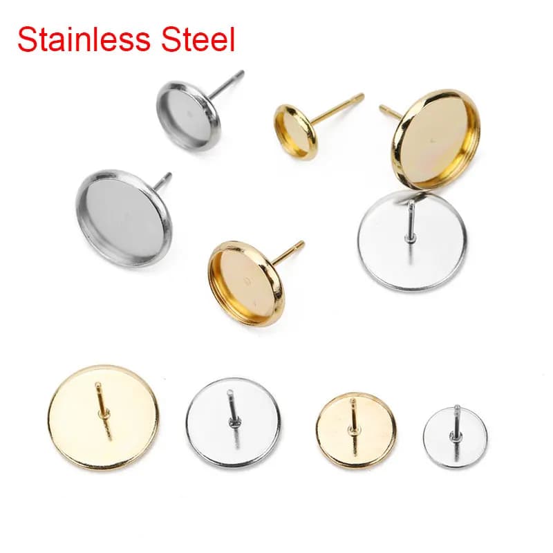 Boucles d'oreilles hypoallergéniques en acier inoxydable, 20 pièces, résultats de bricolage, 6mm 8mm 10mm 12mm, paramètres de Base de Cabochon camée, fabrication de bijoux à faire soi-même