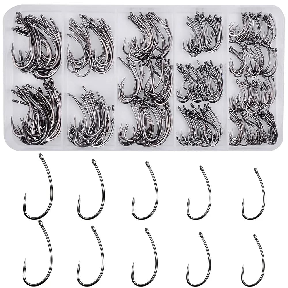 Boîte de 230 hameçons de pêche à la carpe sans ardillon, kit d'hameçons à tige courbée