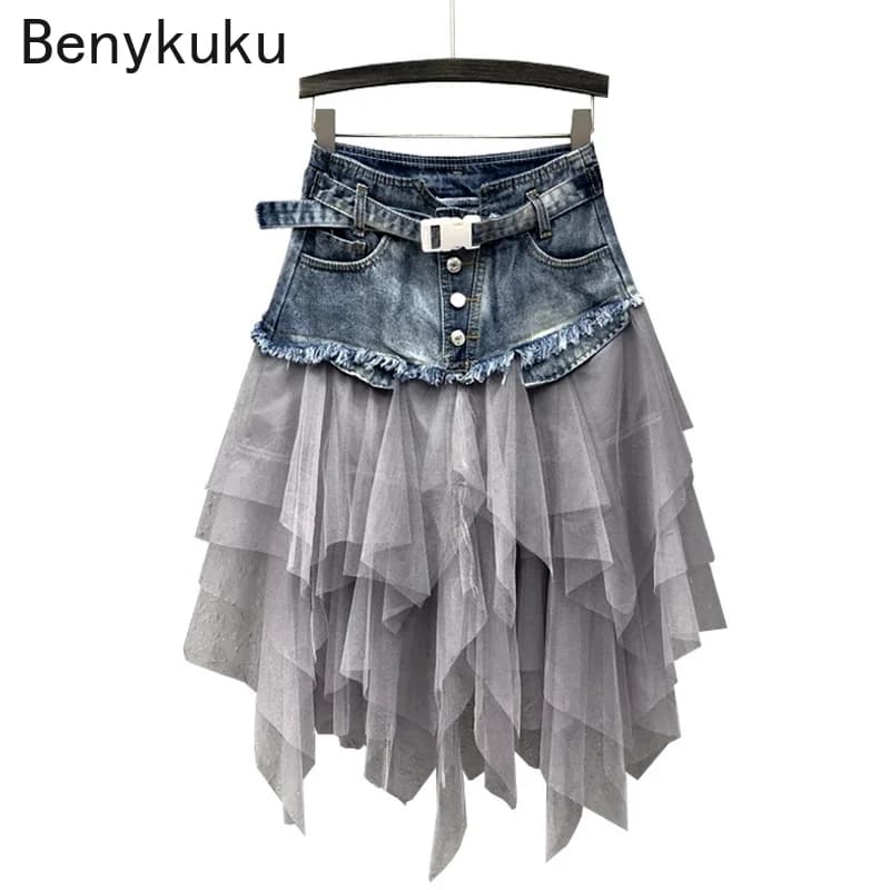 Punk femmes Denim jean maille Patchwork dentelle jupe taille haute une ligne asymétrique volants Tulle plissé Midi Y2K gothique Chic jupes