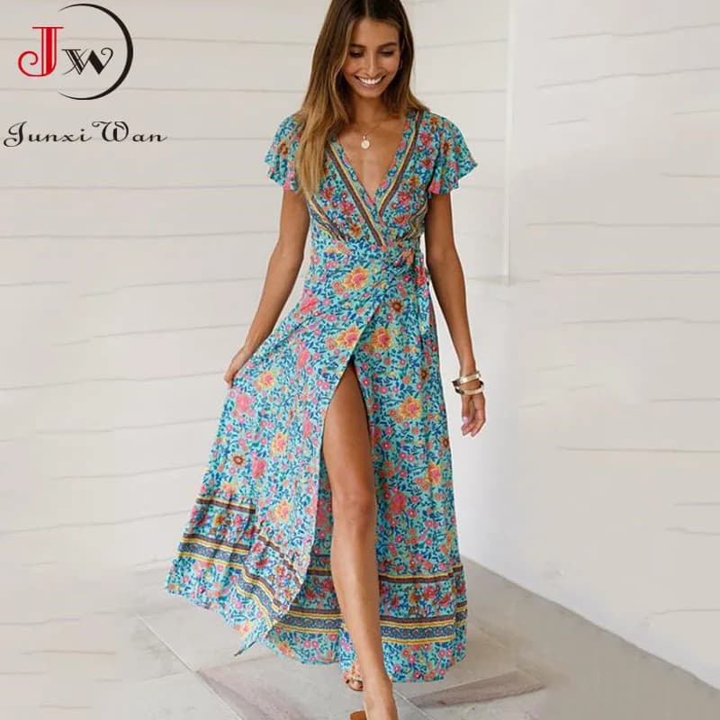 Robe maxi d'été pour femmes, manches courtes, décontractée, col en V, imprimé floral, boho, plage, longue, sexy, fendue, robe de soirée, S ~ 5XL