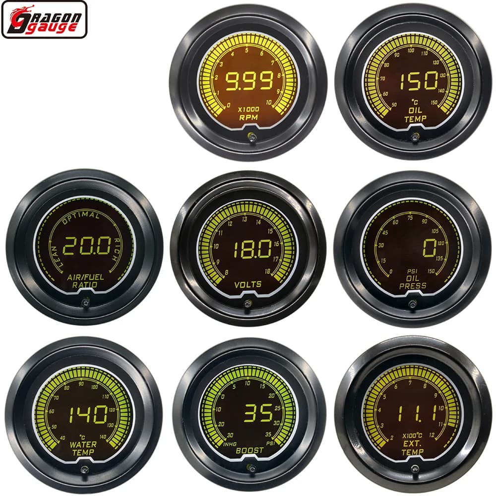 52mm numérique Lcd 7 couleurs lumière Auto voiture Boost température de l'eau jauge de température d'huile tachymètre de pression Volt Air carburant gaz RPM mètre
