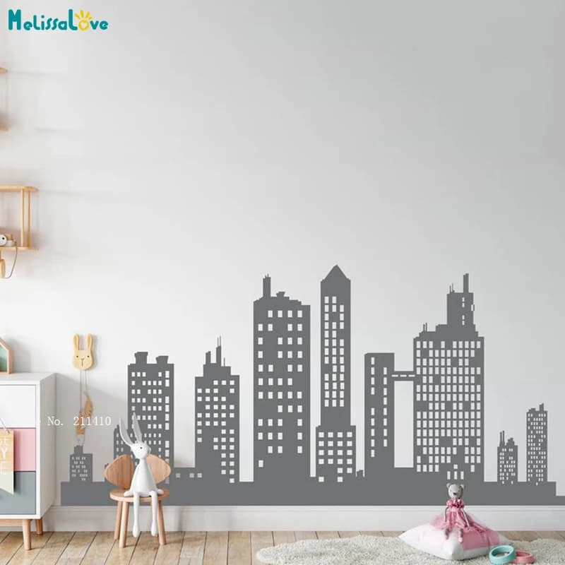 Grand autocollant mural de nuit ville horizon, grand gratte-ciel, Décor de bureau pour maison, pépinière, peintures murales amovibles pour enfants garçons, wt5998