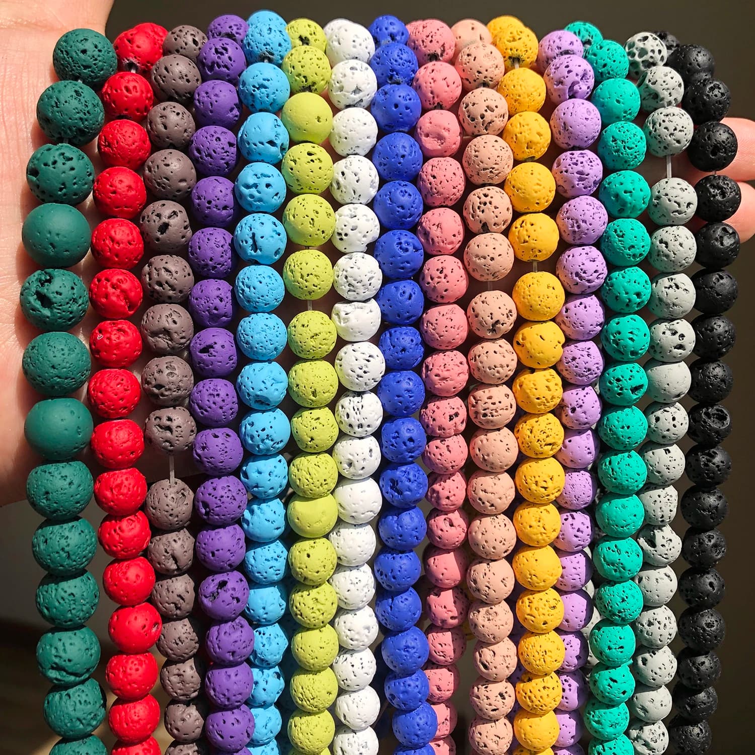 Perles rondes naturelles en caoutchouc noir vert rose, pierre de lave volcanique, perles amples pour la fabrication de bijoux, Bracelets DIY 4/6/8/10mm 15''
