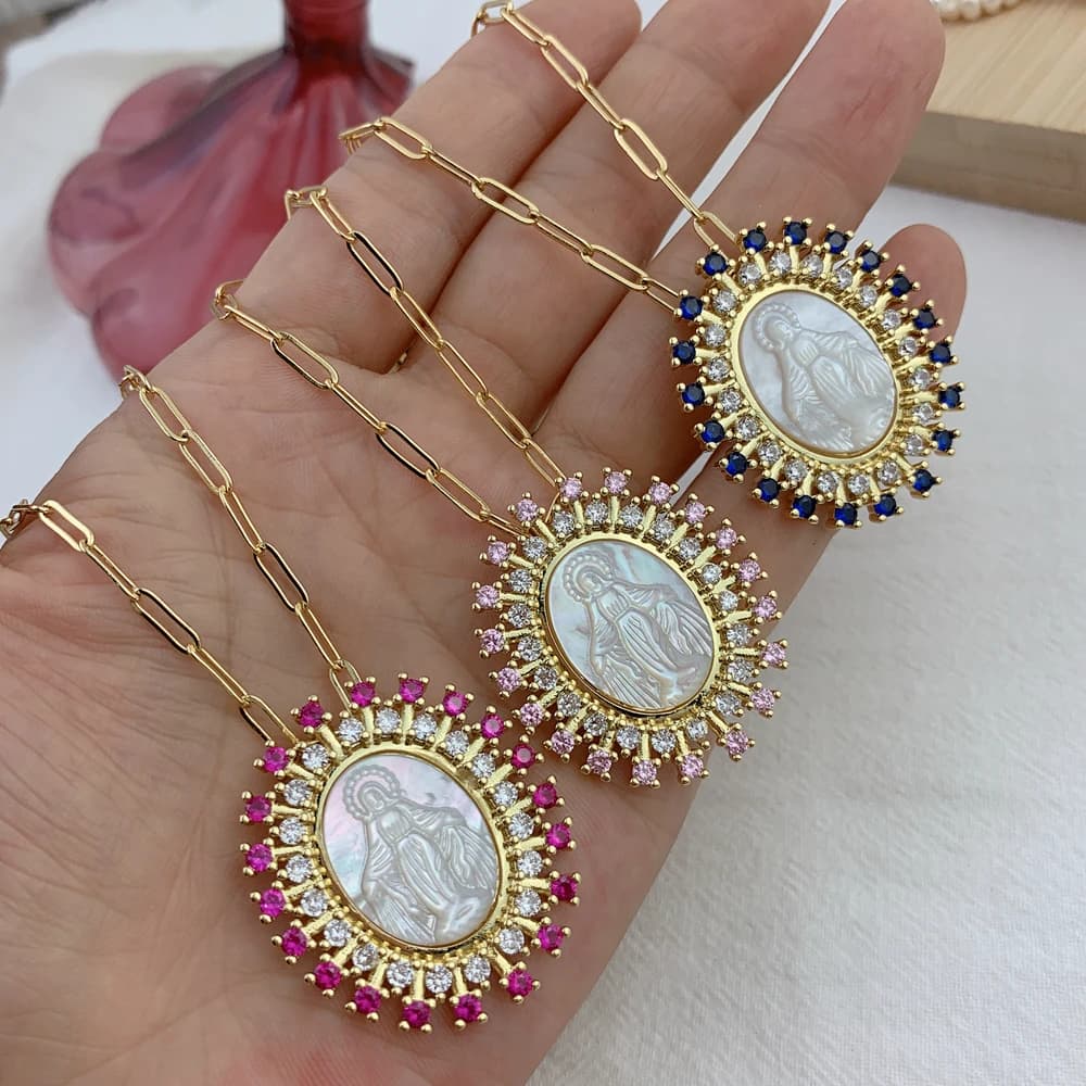 Colliers religieux de la vierge marie pour femmes, en Zircon naturel, pendentif en nacre, ras du cou, bijoux, 2021