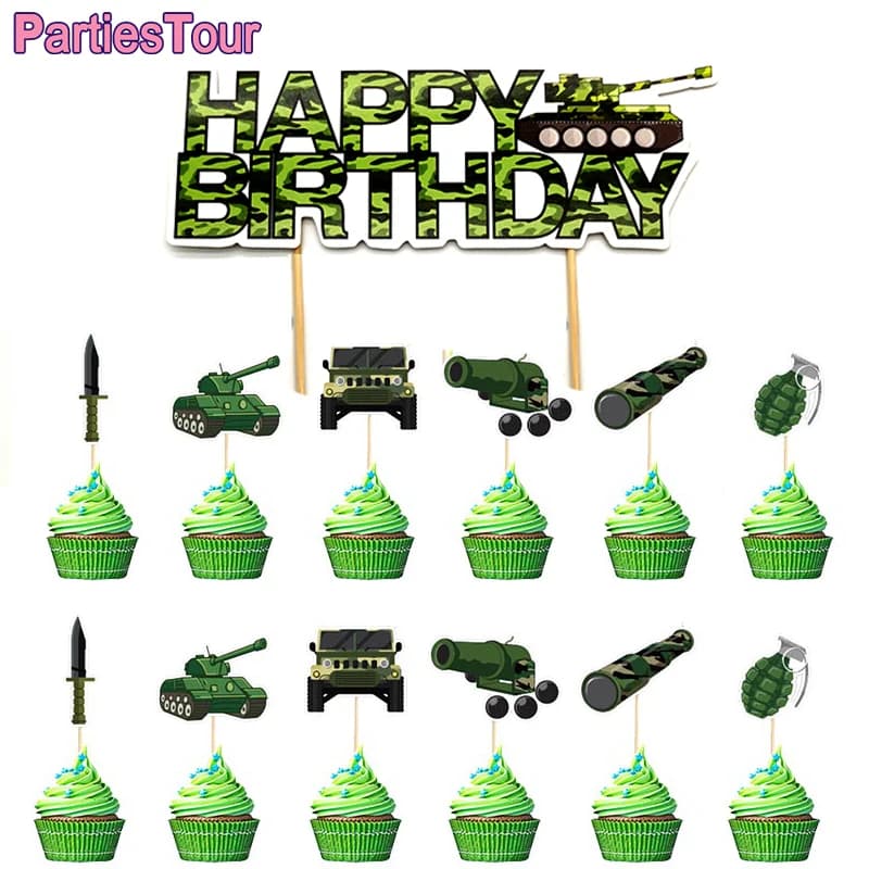 Décorations de fête d'anniversaire sur le thème de l'armée, décorations de gâteau camouflage, décorations de cupcakes camouflage (tank, avion), fournitures de fête militaire pour soldats.