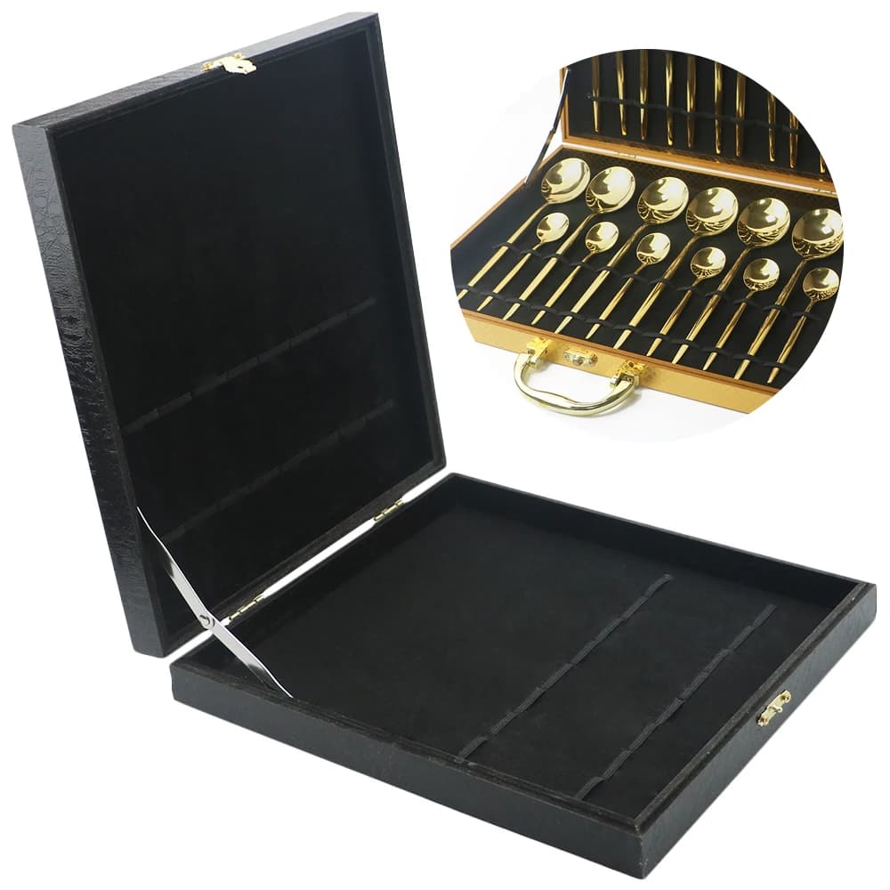 Boîte à vaisselle pour 16/24 pièces, service de vaisselle, boîte-cadeau en bois antioxydant, étui de collecte de couverts, boîte de rangement or noir argent
