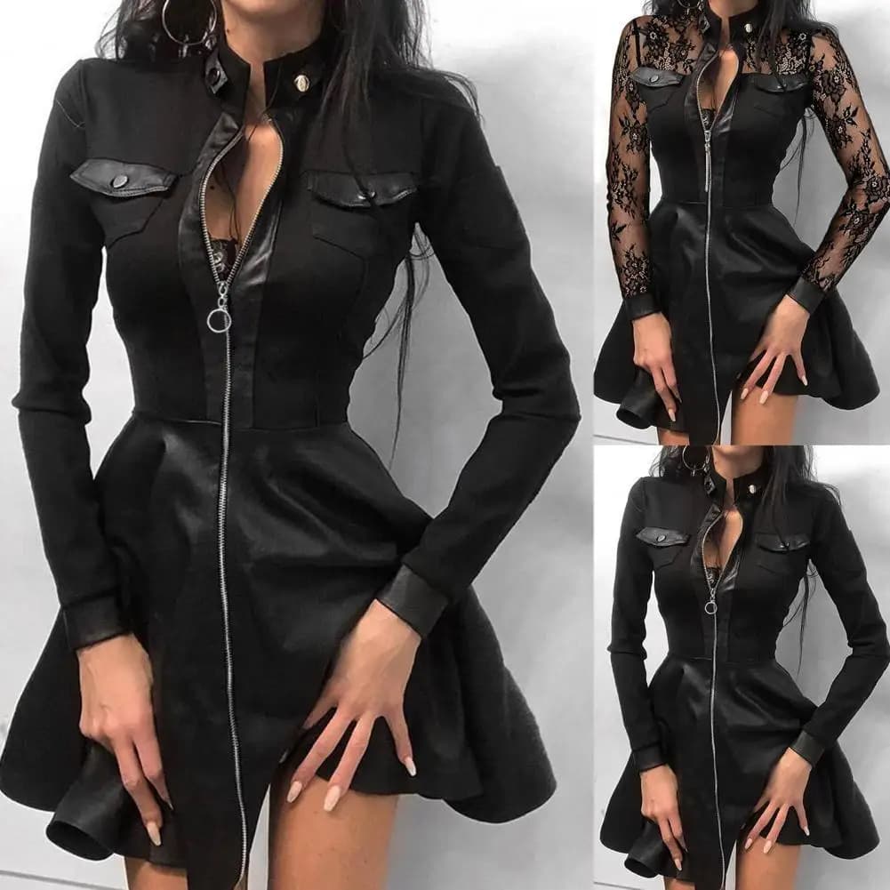Robe mini en similicuir à manches longues avec fermeture éclair et poches, ourlet large, dentelle, vêtements pour femmes, robe de soirée élégante, Vestidos 5XL