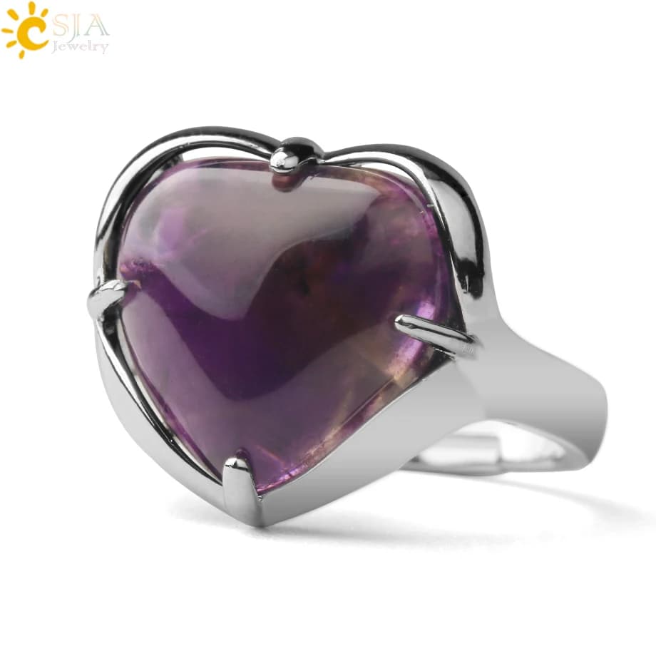 CSJA – bague en cœur d'amour en pierre de cristal pour femmes, couleur argent, pierre naturelle, bagues réglables, fiançailles, mariage, bijoux de mariée bijoux femme bague femme tendances 2022 G691