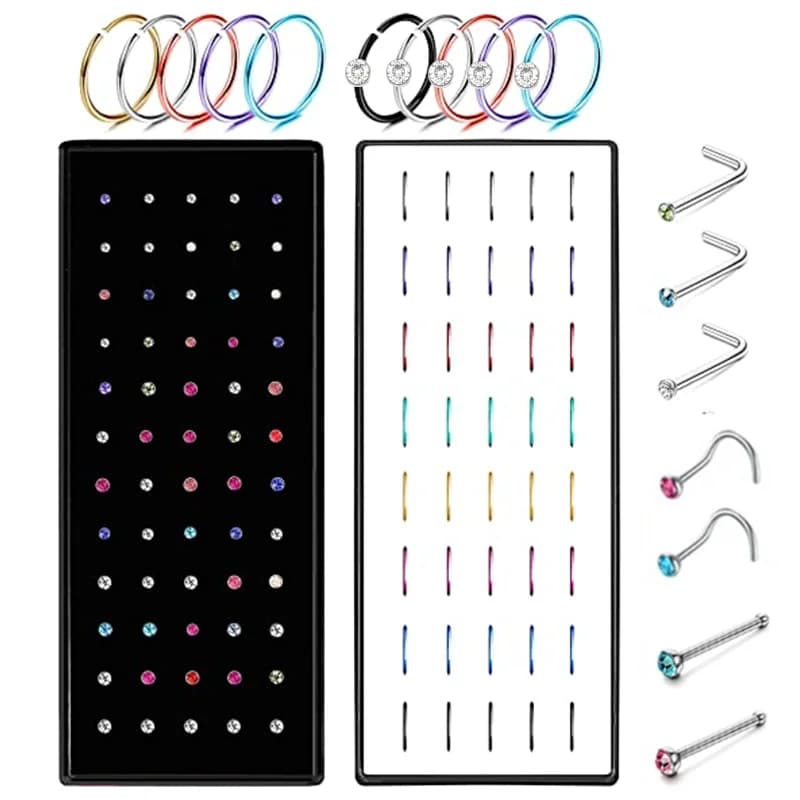 Pack de clous de nez en acier inoxydable, 40/60 pièces, cerceau de perçage de nez en cristal en vrac, ensemble d'anneaux de nez en forme de L, Piercing courbé, bijoux pour le corps