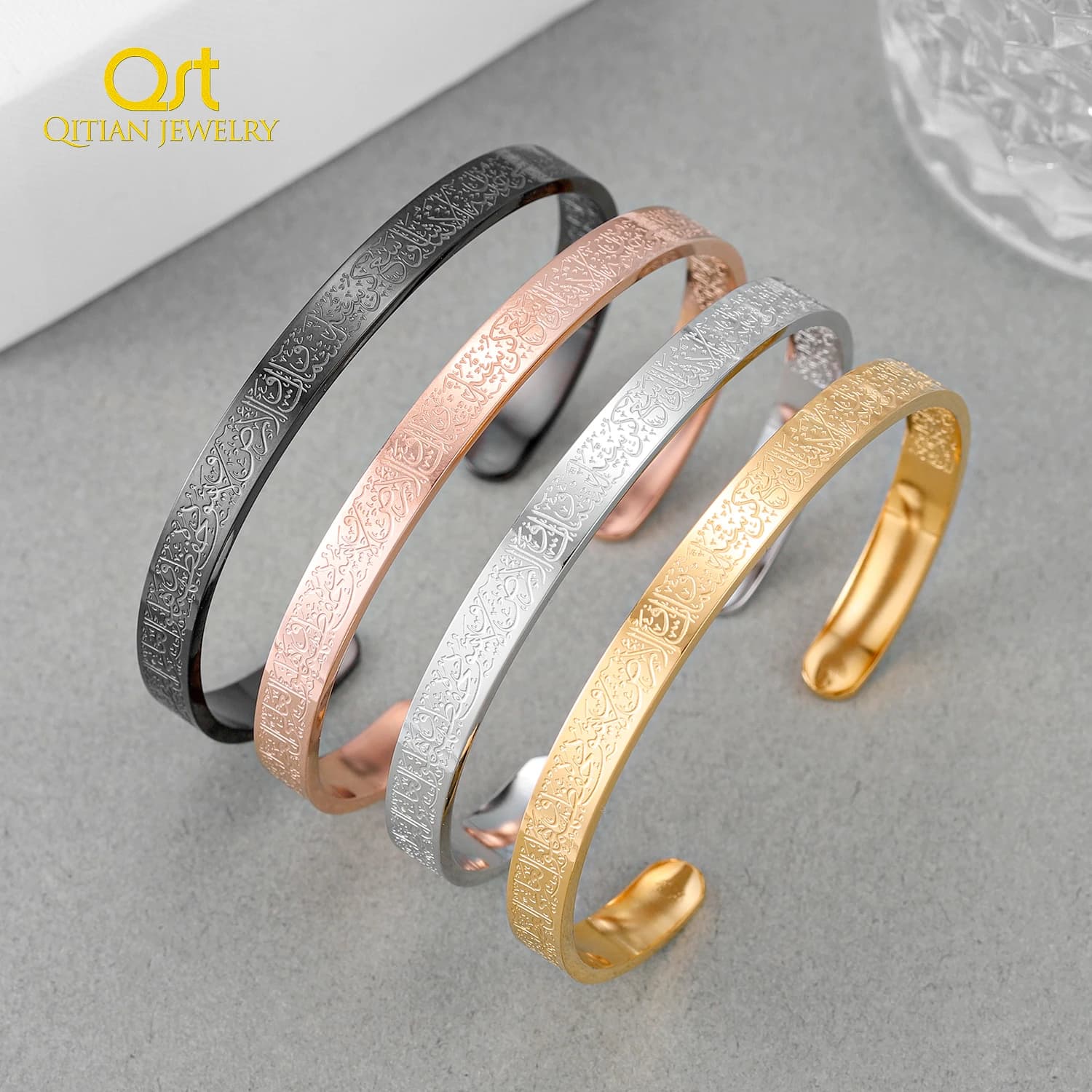 AYATUL KURSI Bracelets de manchette femmes or bijoux en acier inoxydable Bracelet personnalisé calligraphie islamique dieu arabe Messager cadeaux