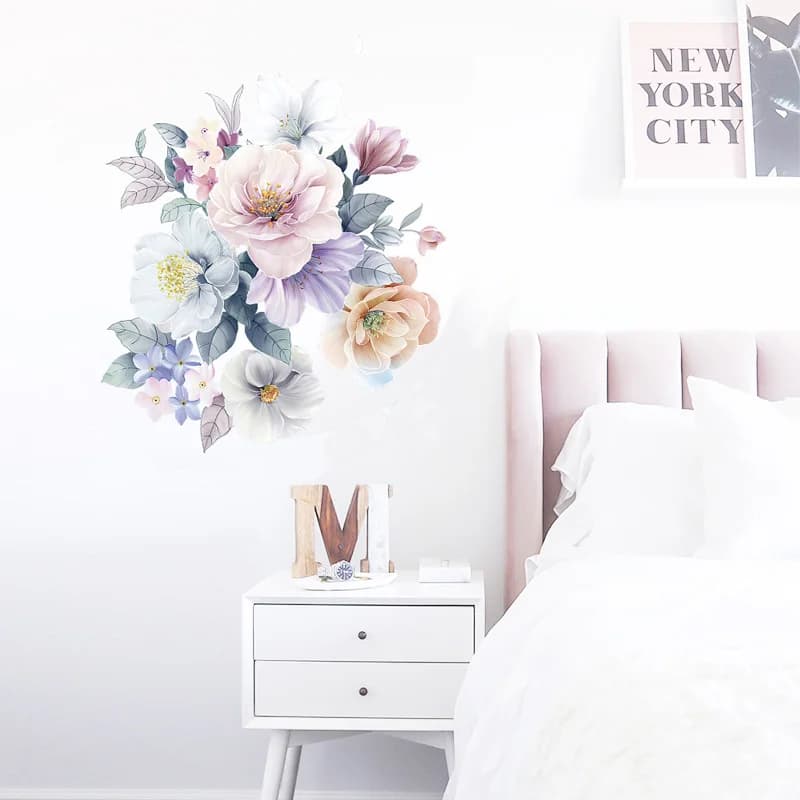 Autocollant mural fleurs romantiques, décoration murale pour la maison, salon, chambre à coucher, papier peint artistique à l'eau, autocollants amovibles