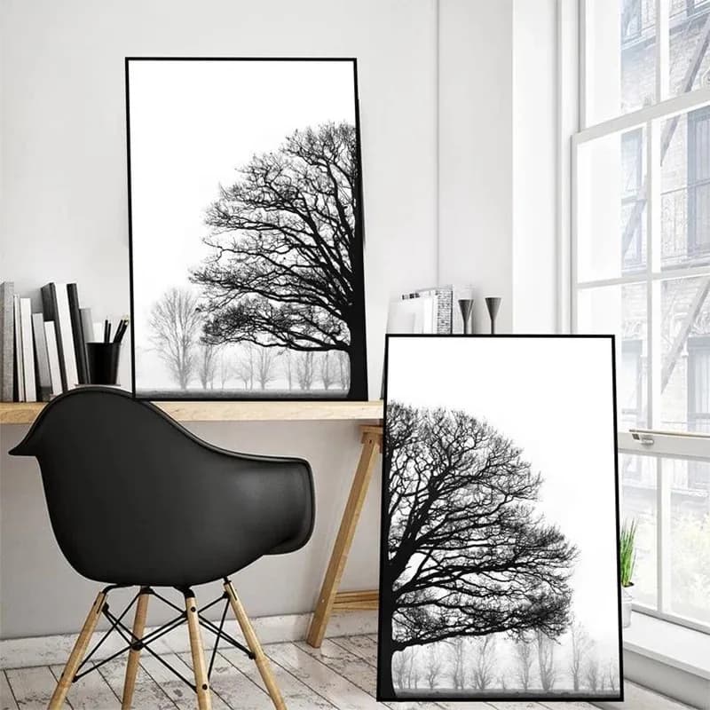 Peinture murale d'arbre d'hiver en noir et blanc, plantes, photos, affiches d'arbre de Style scandinave, décor de maison