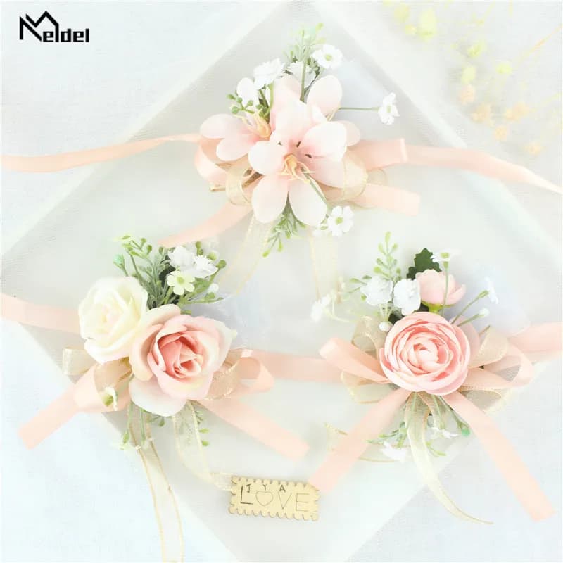 Bracelets de poignet floraux roses, rubans, roses, fleurs pour demoiselles d'honneur et marié, boutonnières de mariage, accessoires de bal de promo