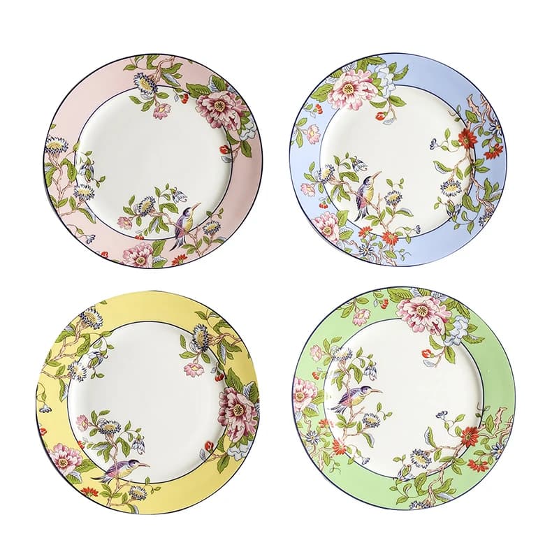Assiettes en Porcelaine Fine de 8 Pouces, Style Britannique, pour le Thé de l'Après-midi, Assiette à Dessert, Assiette à Steak, Assiette à Spaghetti, Assiette Plate Créative à Motif d'Oiseau