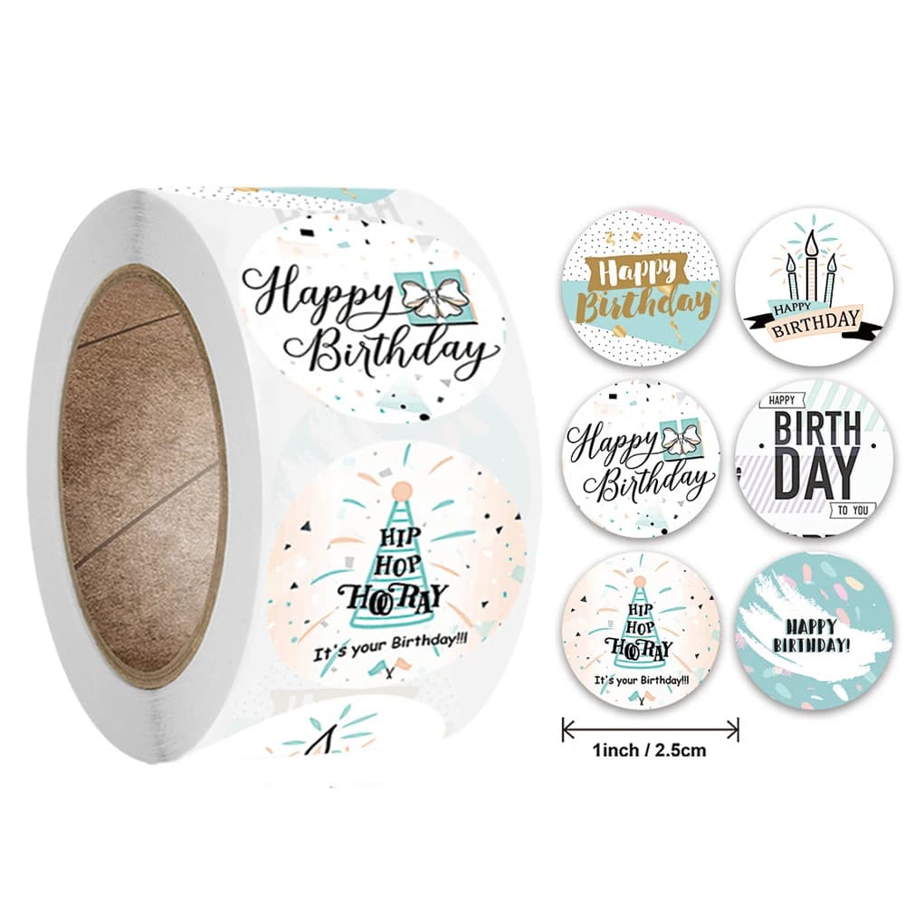 Autocollants mignons joyeux anniversaire 100 cm/1 pouce 500-2.5 pièces, décorations de scellage de cadeaux de fête d'anniversaire pour enfants, étiquettes de cartes de vœux
