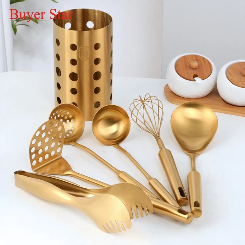1 pièces/7 pièces outils de cuisine en or ensemble d'ustensiles de cuisine baguettes tube louche à soupe passoire ensemble oeuf agitateur batteur pince alimentaire ustensiles de cuisine