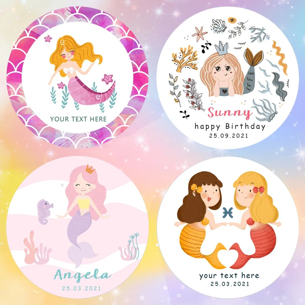 Autocollants de fête de sirène personnalisés, décoration de sac de boîte-cadeau d'anniversaire de fille, baby shower, 2.5-7cm