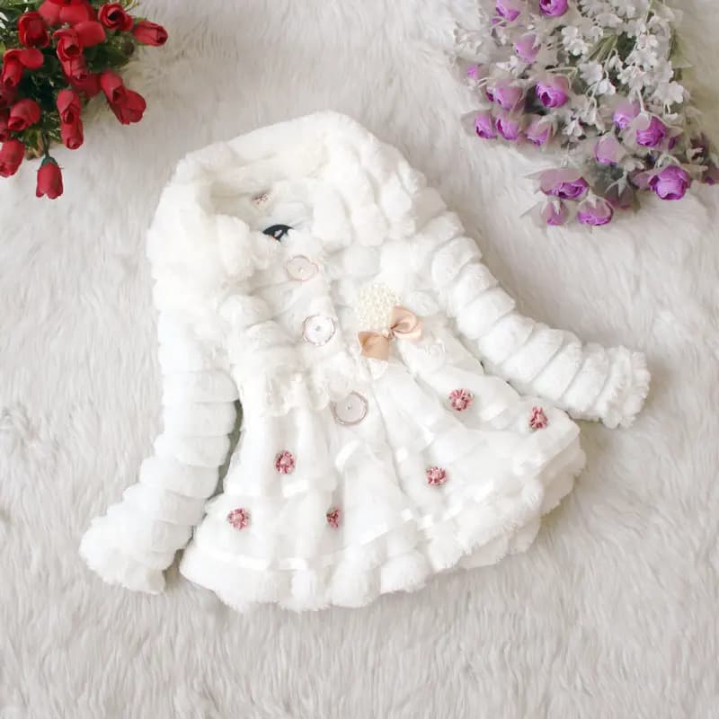 Mode enfants fausse fourrure manteau automne hiver chaud en peluche bébé veste noël mignon fleur dentelle princesse vêtements d'extérieur enfant en bas âge fille vêtements