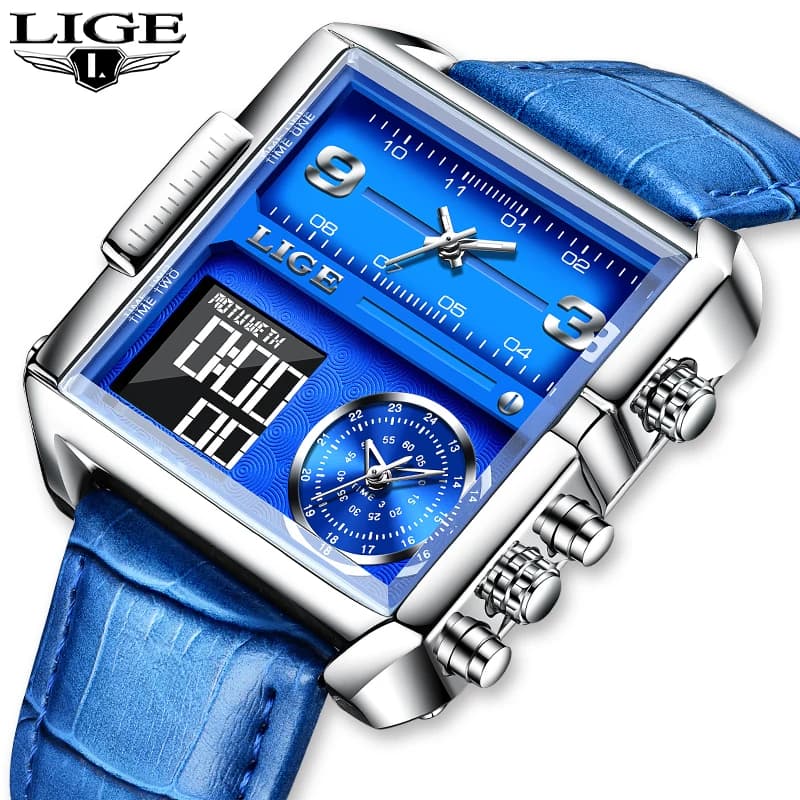 LIGE – montre-bracelet en cuir pour hommes, marque de luxe, rectangulaire, style militaire, étanche, lumineuse, avec boîte, Original